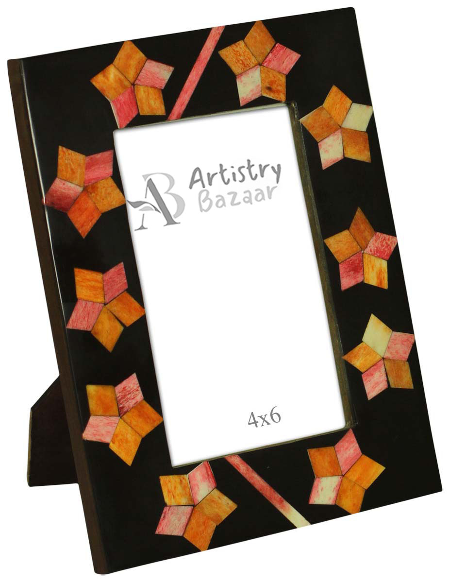Source 4x6 Inches Black & Orange Picture Frame in Bulk - Wholesale Handmade Photo Frame with Star Shaped Motifs in MDF & Bone - Home Decor Picture Frames from India