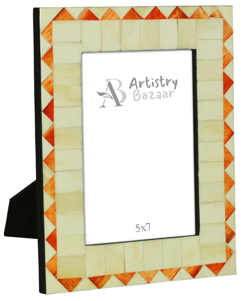 Bulk Buy 5x7 Inches White & Orange Picture Frame - Wholesale Handmade Photo Frame in MDF & Bone - Home Decor Picture Frames from India