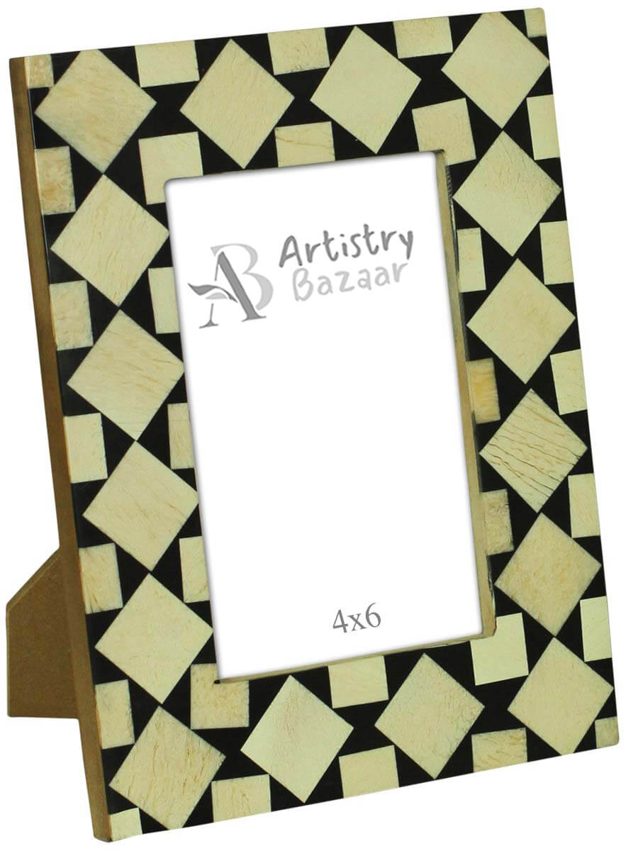 4 x 6” Handmade Picture Frame In Bulk - Bone & MDF Photo Frame - Black & White with Square Motifs - Wholesale Home Decor Accessories & Gift Ideas from India
