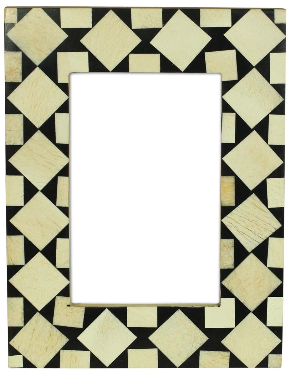 4 x 6” Handmade Picture Frame In Bulk - Bone & MDF Photo Frame - Black & White with Square Motifs - Wholesale Home Decor Accessories & Gift Ideas from India
