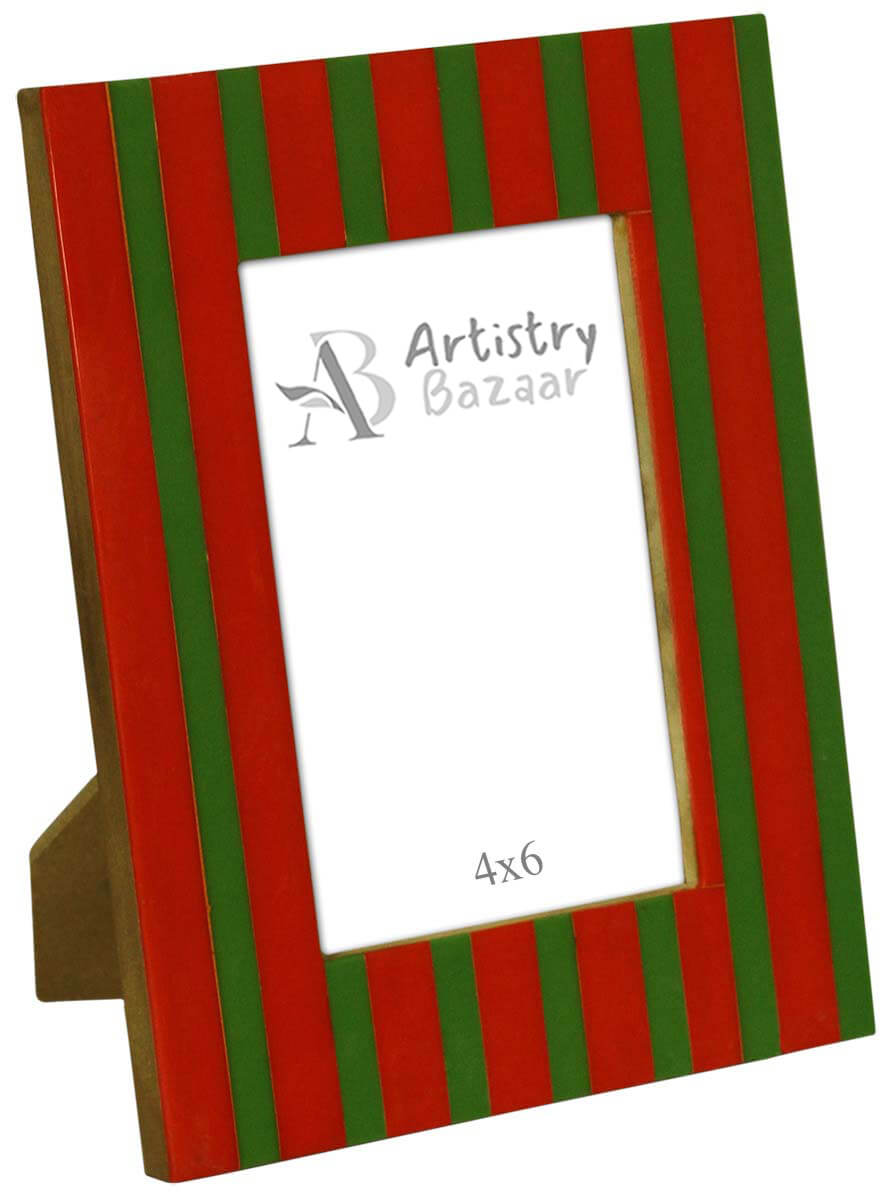Wholesale 4 x 6” Handmade Picture Frame In Bulk - Bone & MDF Photo Frame with Red & Green Stripes - Source Home Decor Accessories & Gift Ideas