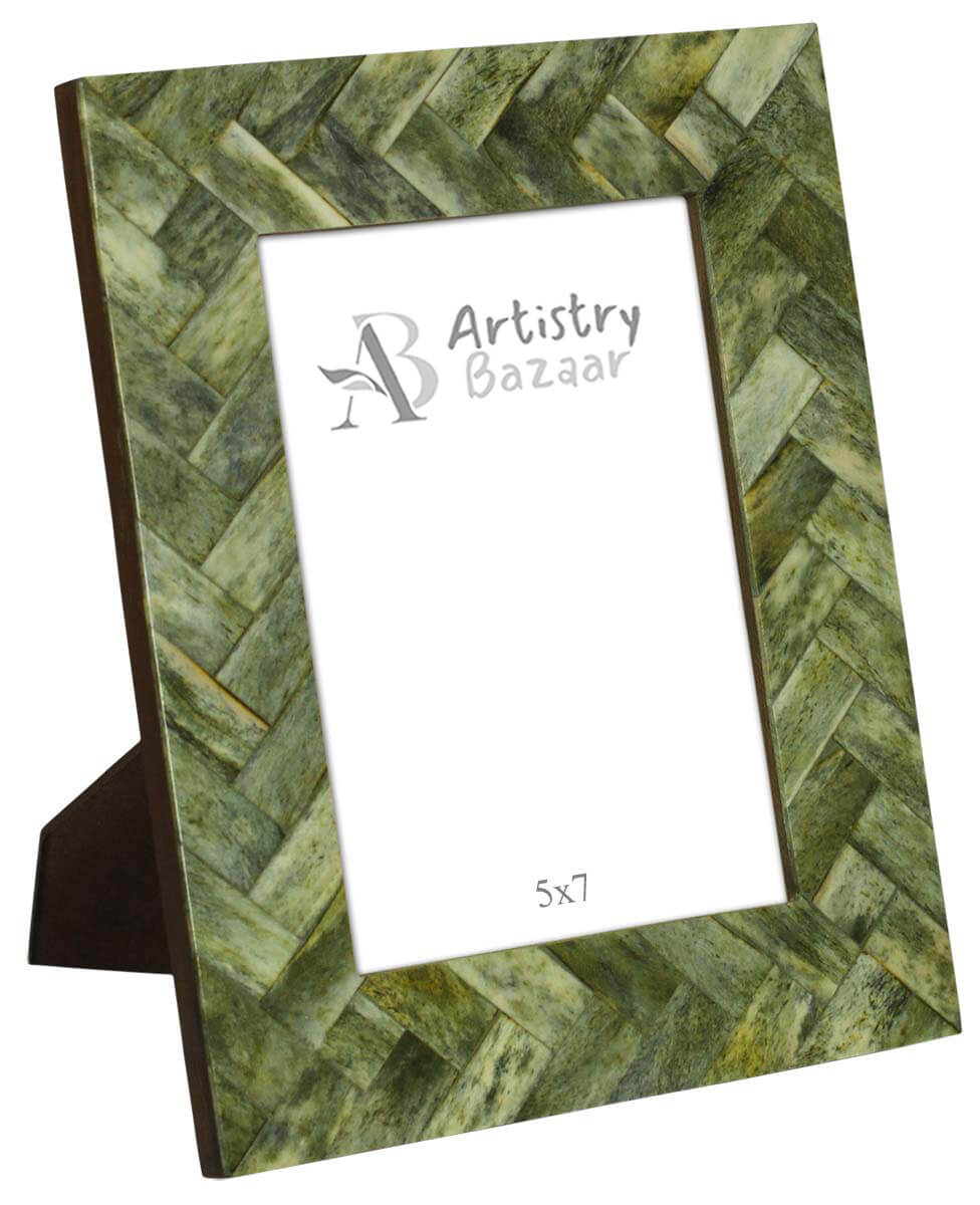 Wholesale 5x7 Inches Handmade Green Color Picture Frame - Bone & MDF Photo Frame - Geometric Herringbone Pattern - Buy Bulk Home Decor Accessories & Gift Ideas