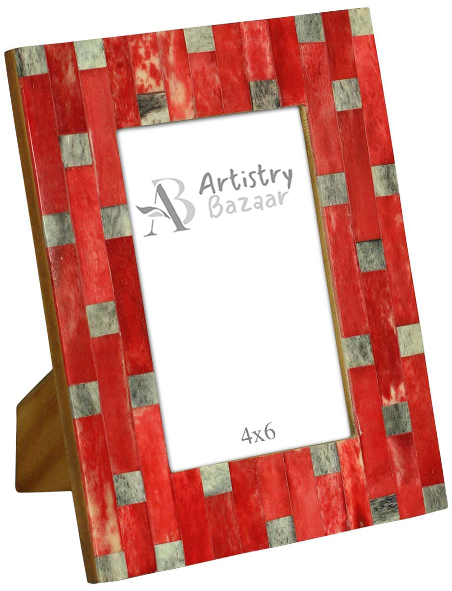 Source 4x6 Inches Picture Frame in Bulk - Source Handcrafted Photo Frame in MDF & Bone Inlay - Gray Squares on Red - Home Decor Picture Frames from India