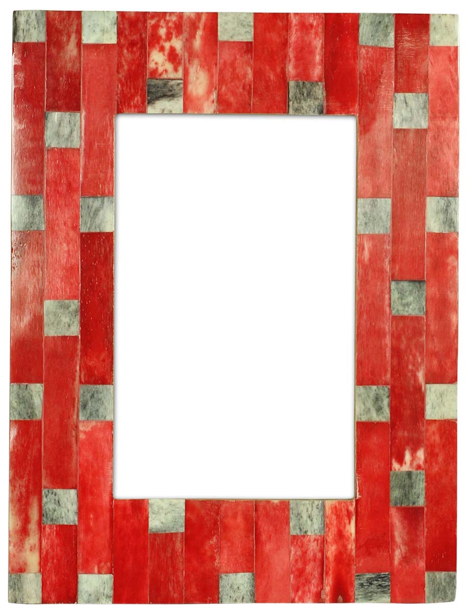 Source 4x6 Inches Picture Frame in Bulk - Source Handcrafted Photo Frame in MDF & Bone Inlay - Gray Squares on Red - Home Decor Picture Frames from India