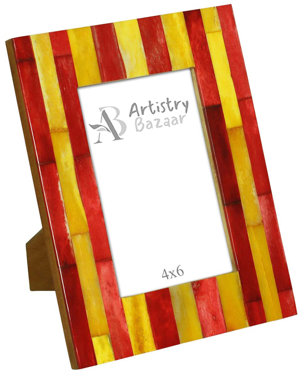 Red & Yellow 4x6 Inches Picture Frame in Bulk - Wholesale Handmade MDF & Bone Photo Frame in Stripped Patterns - Home Decor Picture Frames from India