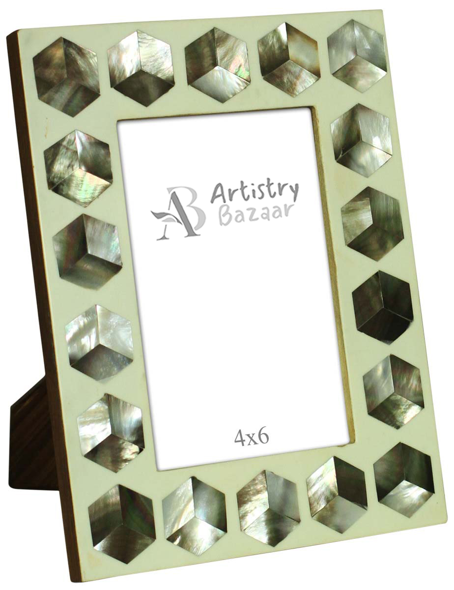Wholesale Rectangular 4x6 Photo/Picture Frame in MDF & Mother of Pearl - Hexagon Motifs - Bulk Buy Photo Frames - Home Decor Picture Frame from India