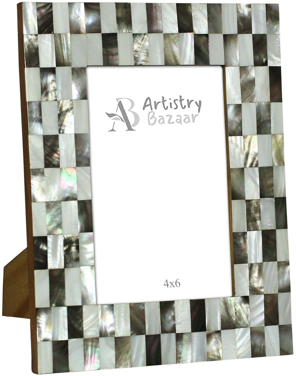 Bulk Source Rectangular 4x6 Photo/Picture Frame in MDF & Mother of Pearl - Shades of Gray & White - Wholesale Photo Frames - Home Decor Picture Frame from India