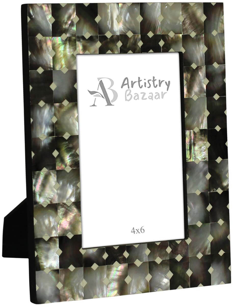 Wholesale Rectangular 4x6 Photo/Picture Frame in MDF & Mother of Pearl - Bulk Buy Photo Frame with Square Patterns in Shades of Silver, Black & Gray - Home Decor Picture Frame from India