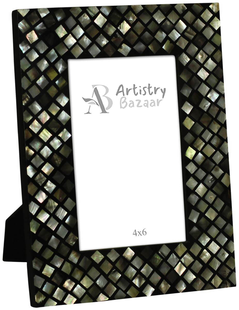 Wholesale Rectangular 4x6 Photo/Picture Frame in MDF Resin & Mother of Pearl - Bulk Buy Photo Frame with Irregular Check Pattern in Silver & Black - Home Decor Picture Frame from India