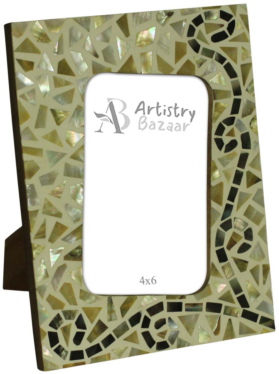 4x6 Inches Picture Frame in Bulk - Wholesale Handcrafted Photo Frame in Mother of Pearl & MDF with Unique Pattern in Off-White & Silver - Home Decor Picture Frames from India