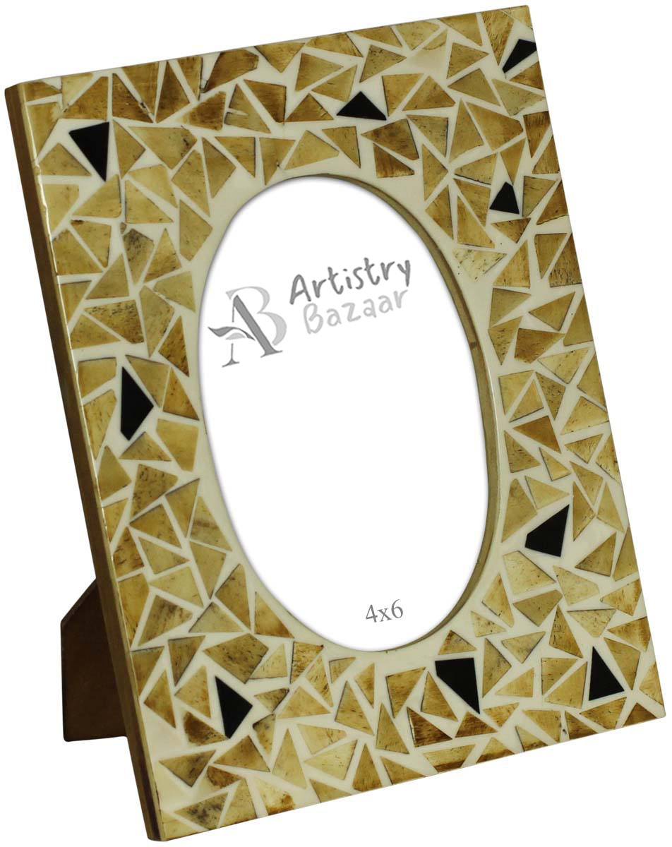 4x6 Inches Picture Frame in Bulk - Wholesale Handcrafted Photo Frame in Mother of Pearl & MDF with Irregular Triangle & Quadrilateral Motifs in Beige & Black on Off-White Base - Home Decor Picture Frames from India