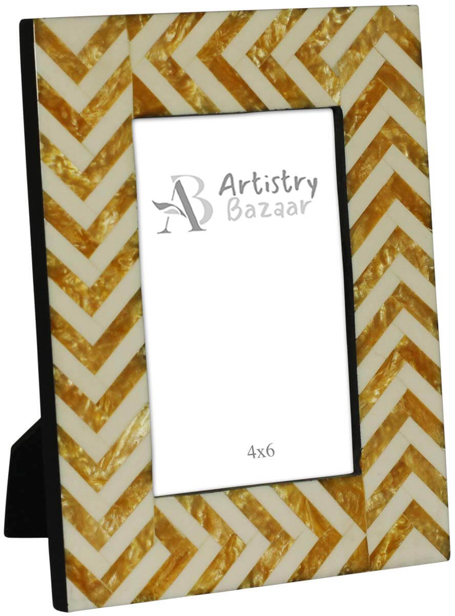 Wholesale 4x6 Inches Handmade Picture Frame - Resin & MDF Photo Frame - Mustard & White - Irregular Chevron Pattern - Buy Bulk Home Decor Accessories & Gift Ideas
