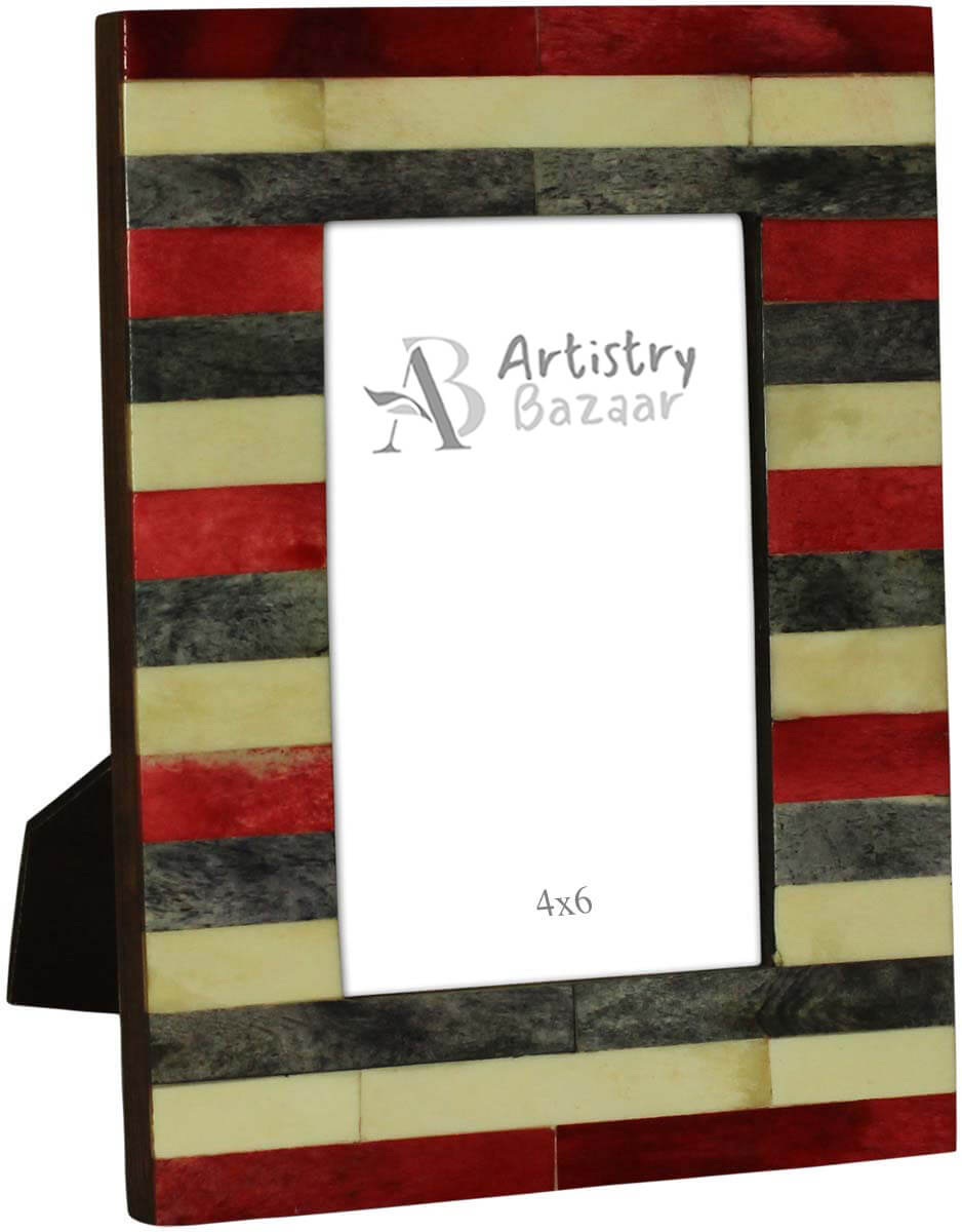 Wholesale 4 x 6” Handmade Photo/Picture Frame In Bulk - White, Red & Black Striped Pattern - Bone & MDF - Wholesale Home Decor Accessories & Gift Ideas