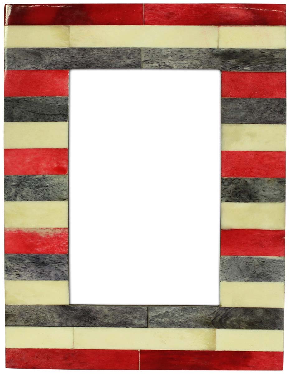 Wholesale 4 x 6” Handmade Photo/Picture Frame In Bulk - White, Red & Black Striped Pattern - Bone & MDF - Wholesale Home Decor Accessories & Gift Ideas