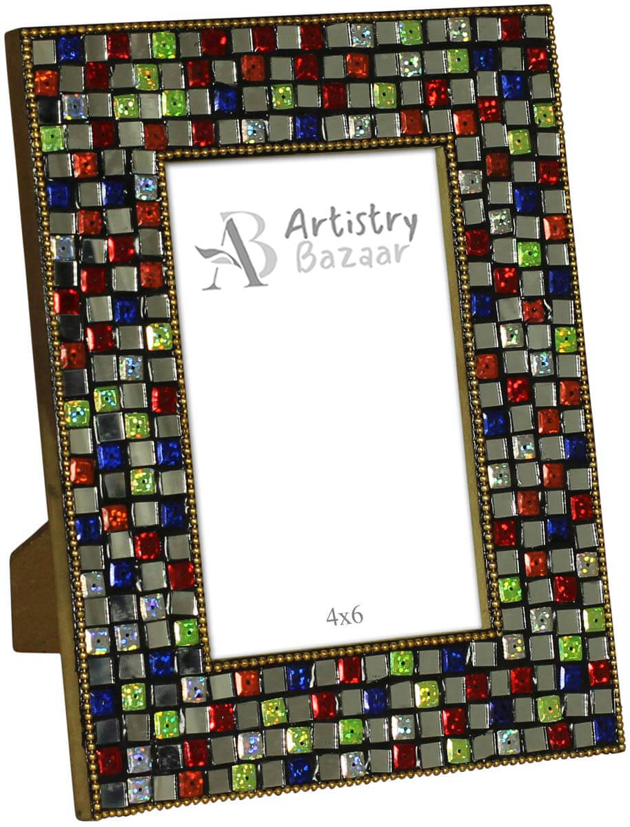 Wholesale Rectangular 4x6 Photo/Picture Frame in MDF Resin & Mirror Work - Bulk Buy Photo Frame with Colorful Irregular Check Pattern - Home Decor Picture Frame from India