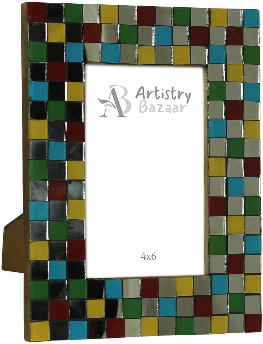 Bulk Buy Rectangular 4x6 Photo/Picture Frame in MDF Resin & Mirror Work - Wholesale Photo Frame with Colorful Irregular Check Pattern - Home Decor Picture Frame from India