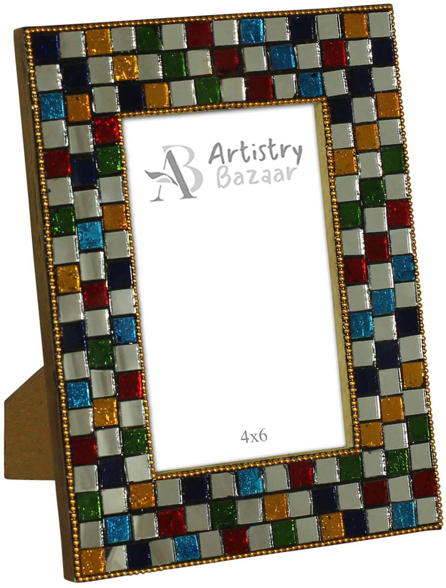 Wholesale Rectangular 4x6 Photo/Picture Frame in MDF Resin & Mirror Work - Bulk Buy Photo Frame with Square Geometrical Pattern - Home Decor Picture Frame from India