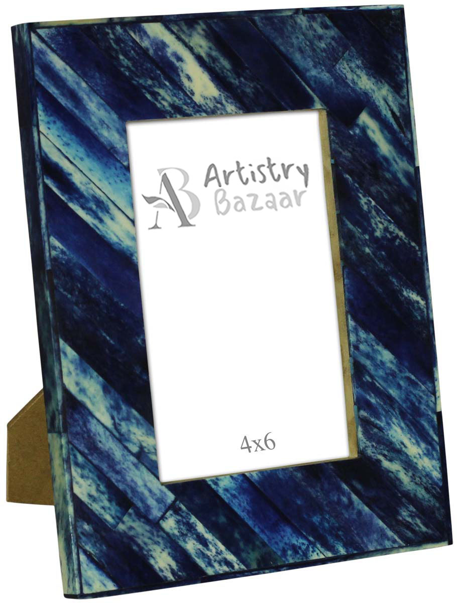 Source 4x6 Inches Picture Frame in Bulk - Wholesale Handmade Photo Frame in MDF & Bone - Slanting Lines Pattern in Shades of Blue - Home Decor Picture Frames from India