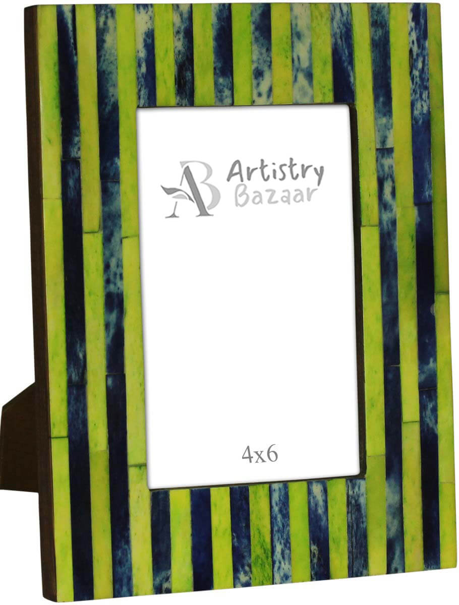 Rectangular 4x6 Photo/Picture Frame in Bulk - Wholesale Photo Frame in MDF & Bone with Green & Blue Stripe Pattern - Home Decor Picture Frame from India