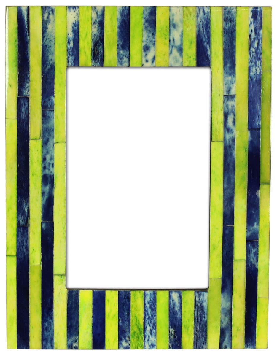 Rectangular 4x6 Photo/Picture Frame in Bulk - Wholesale Photo Frame in MDF & Bone with Green & Blue Stripe Pattern - Home Decor Picture Frame from India