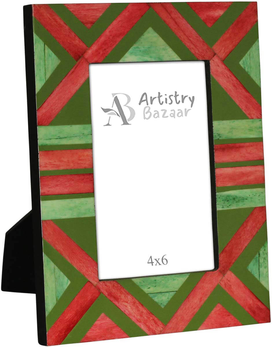 Wholesale Rectangular 4x6 Photo/Picture Frame in MDF & Bone - Bulk Buy Photo Frame with Red & Green Geometric Pattern - Home Decor Picture Frame from India