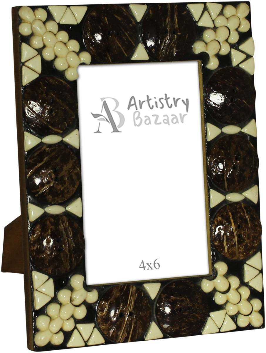 Bulk Buy 4x6 Inches Picture Frame in Brown & Off-White - Wholesale Handmade Unique Pattern Photo Frame in MDF & Coconut Shell - Home Decor Picture Frames from India