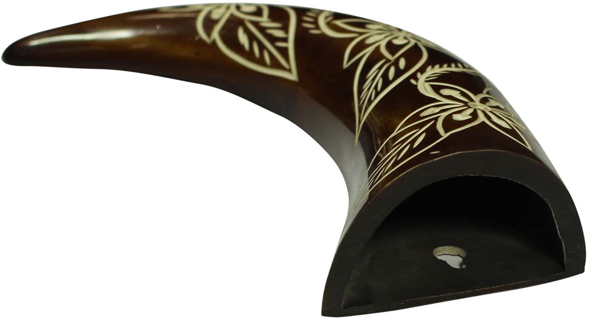 Bulk Buy Handmade 8.2” Wall Hanging Decorative Horn - Wholesale Wall-Décor in Acrylic – Brown Off-White - Floral Hand-Painted Motifs– Home Accents