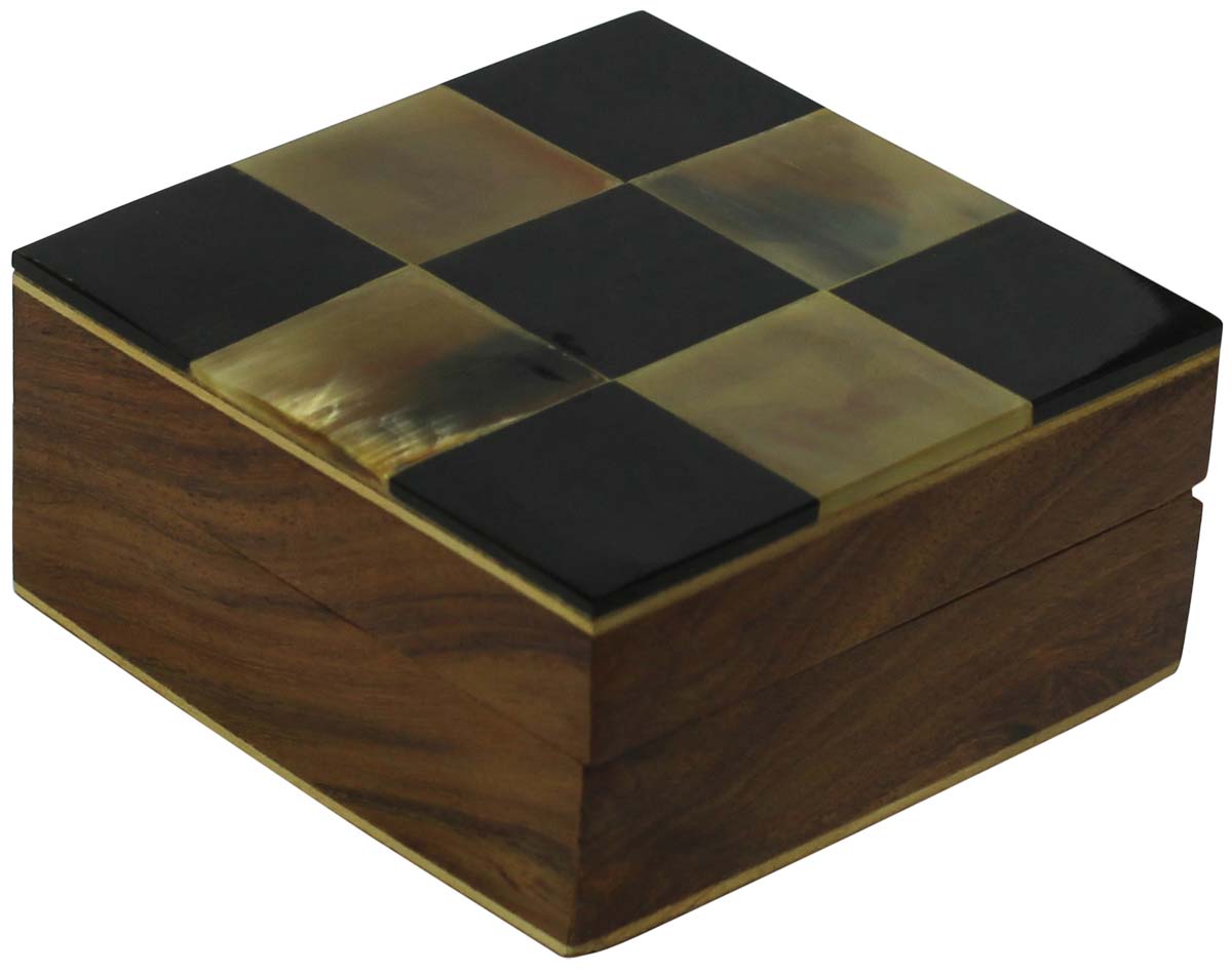 Wholesale 4x4” Square Shaped Jewelry Box in Bulk - Source Handmade Check Pattern Jewelry Box/Trinket Box in MDF &Animal Horn from India