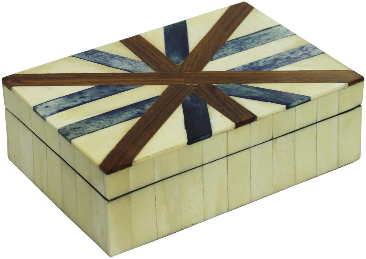 Rectangular Shaped 6x4” MDF Jewelry Box in Bulk - Wholesale Off-White, Blue & Brown Jewelry Box/Trinket Box in MDF & Bone from India