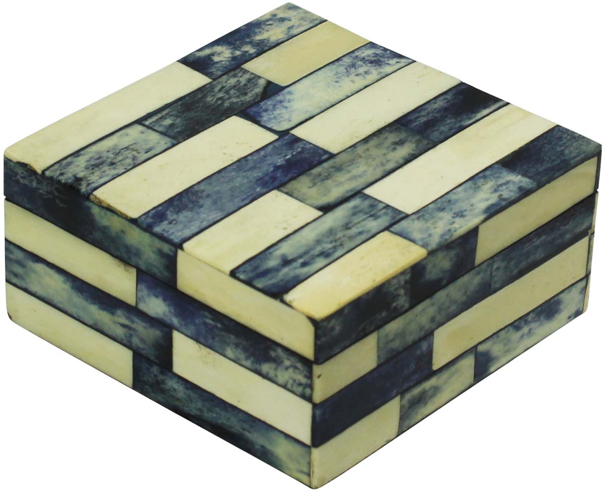Source 4x4” Jewelry Box in Bulk - Wholesale Handmade Square-Shaped Off-White & Blue Jewelry Box/Trinket Box in MDF & Bone from India