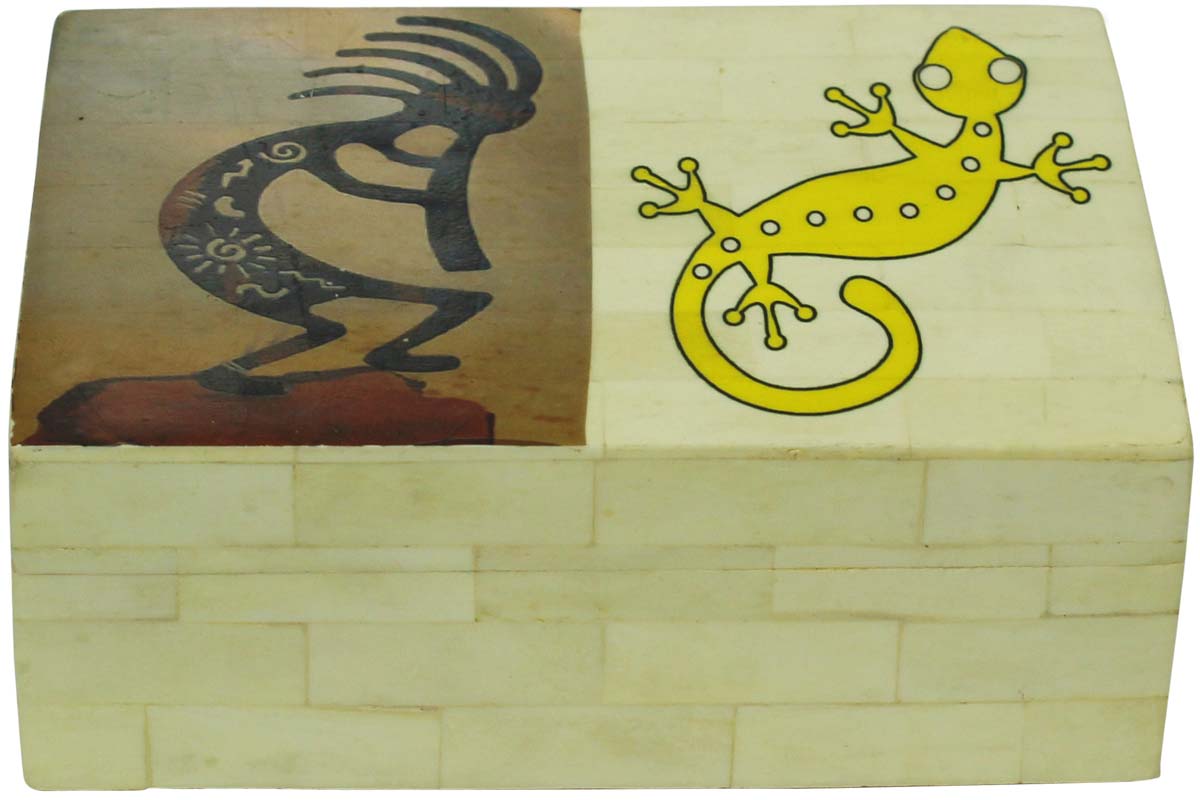 Wholesale 7x5” MDF Jewelry Box in Bulk - Source Lizard & Tribal Man Motif Jewelry Box/Trinket Box in MDF & Bone from India