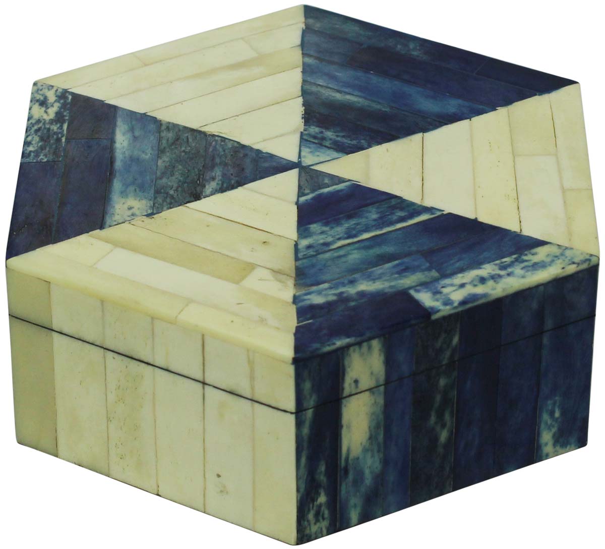 Wholesale 7” Hexagon Shaped Jewelry Box in Bulk - Source Handmade Off-White & Blue Jewelry Box/Trinket Box in MDF & Bone from India