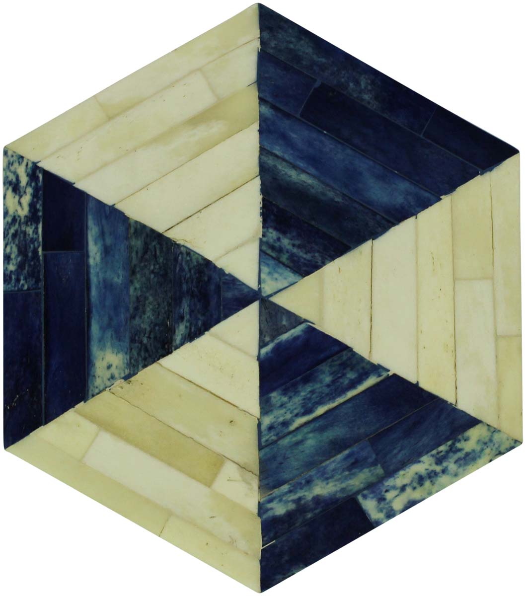 Wholesale 7” Hexagon Shaped Jewelry Box in Bulk - Source Handmade Off-White & Blue Jewelry Box/Trinket Box in MDF & Bone from India