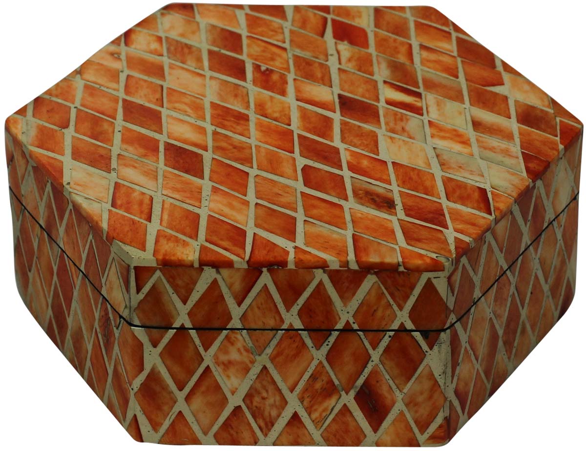 Hexagon Shaped 7” MDF Jewelry Box in Bulk - Wholesale Orange Color Diamond Shaped Motifs Jewelry Box/Trinket Box in MDF & Bone from India