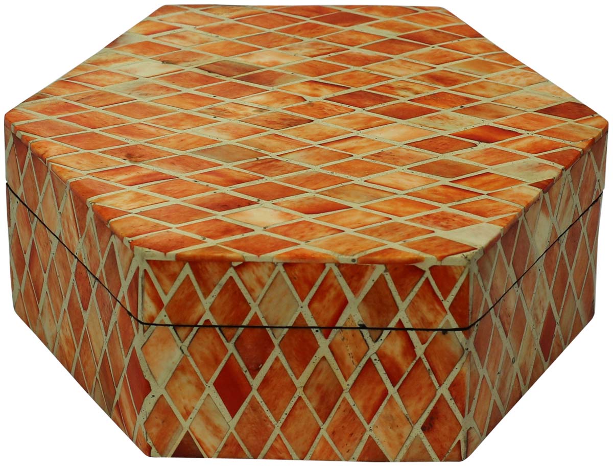 Hexagon Shaped 8.2” MDF Jewelry Box in Bulk - Wholesale Orange Color Diamond Shaped Motifs Jewelry Box/Trinket Box in MDF & Bone from India