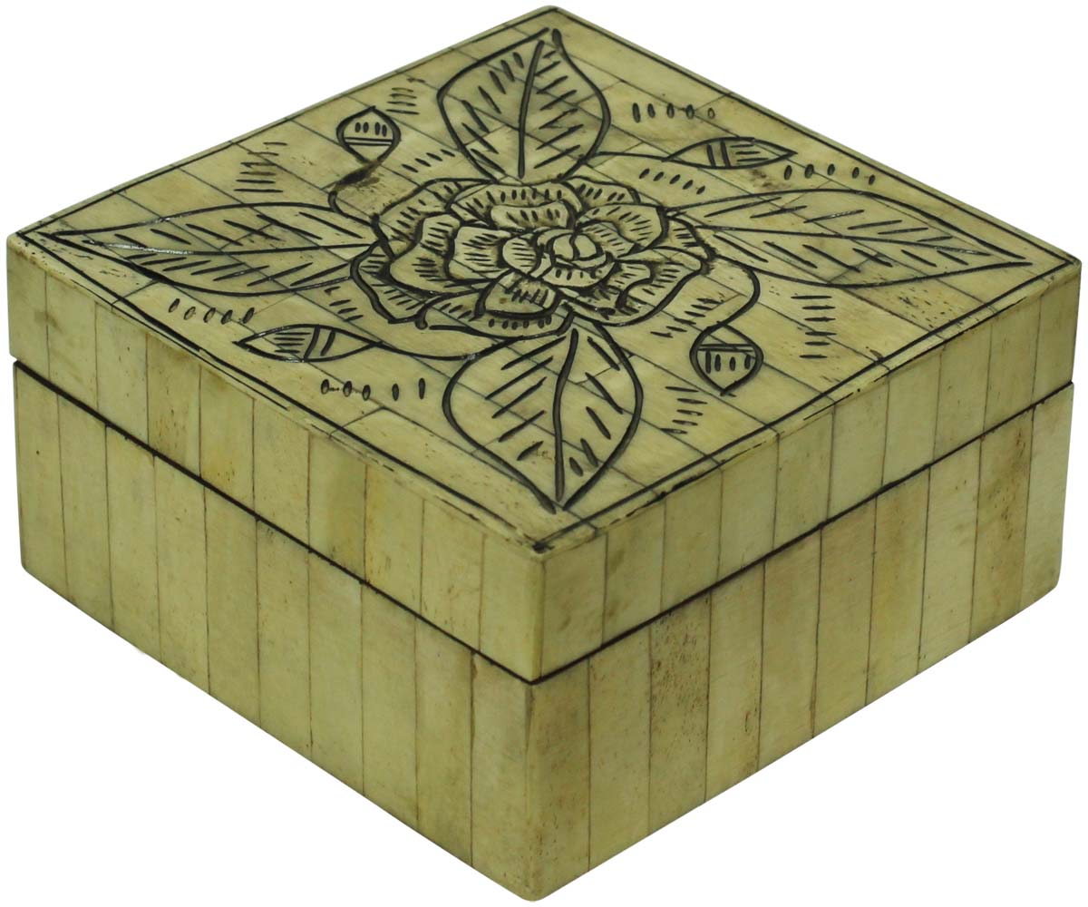 Square Shaped 6” MDF Jewelry Box in Bulk - Wholesale Rose Motif Jewelry Box/Trinket Box in MDF & Bone from India