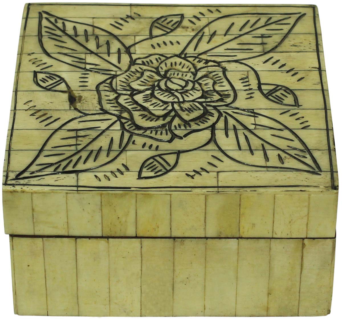 Square Shaped 6” MDF Jewelry Box in Bulk - Wholesale Rose Motif Jewelry Box/Trinket Box in MDF & Bone from India
