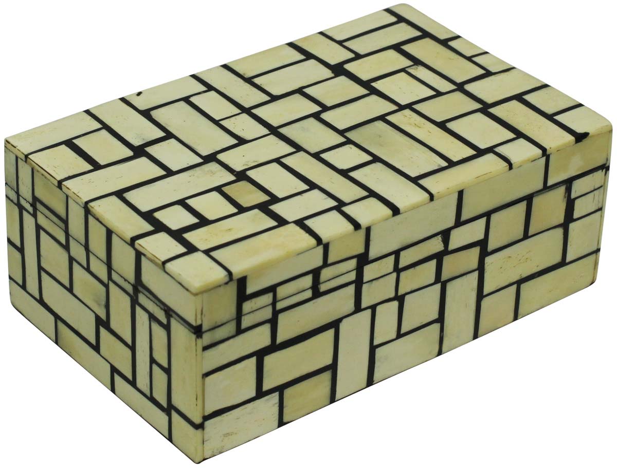 Wholesale 8x5” Rectangular Shaped Jewelry Box in Bulk - Source Handmade Off-White & Black Brick Pattern Jewelry Box/Trinket Box in MDF & Bone from India