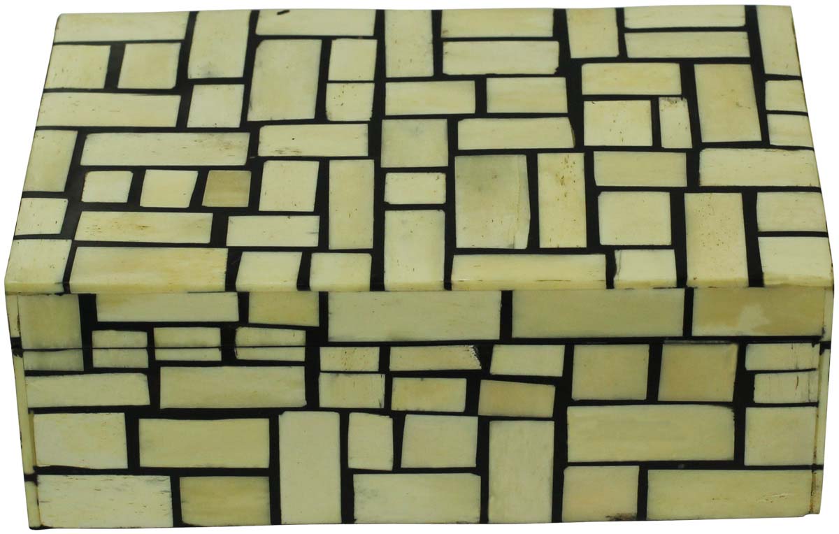 Wholesale 8x5” Rectangular Shaped Jewelry Box in Bulk - Source Handmade Off-White & Black Brick Pattern Jewelry Box/Trinket Box in MDF & Bone from India