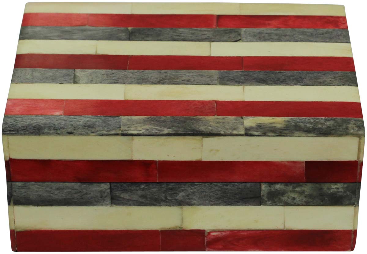 Rectangular Shaped 7x5” MDF Jewelry Box in Bulk - Wholesale Off-White, Red & Gray Stripes Jewelry Box/Trinket Box in MDF & Bone from India