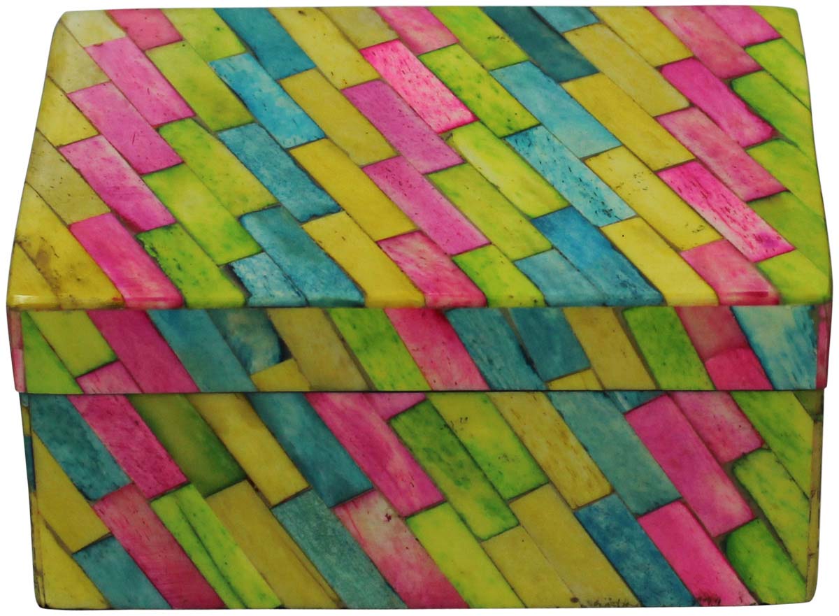 Bulk Buy Rectangular 6x4” MDF Jewelry Box - Wholesale Colorful Diagonal Stripes Pattern Jewelry Box/Trinket Box in MDF & Bone from India