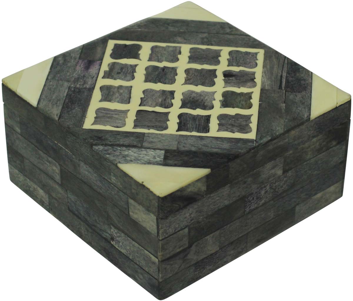 Square Shaped 6” MDF Jewelry Box in Bulk - Wholesale Gray & Off-White Jewelry Box/Trinket Box in MDF & Bone from India