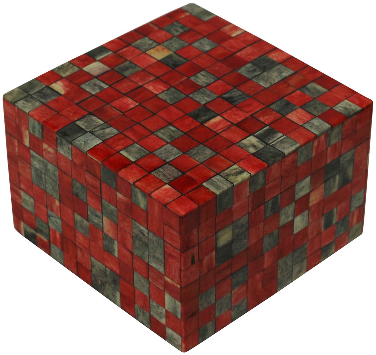 Square Shaped 6” MDF Jewelry Box in Bulk - Wholesale Red & Gray Check Pattern Jewelry Box/Trinket Box in MDF & Bone from India