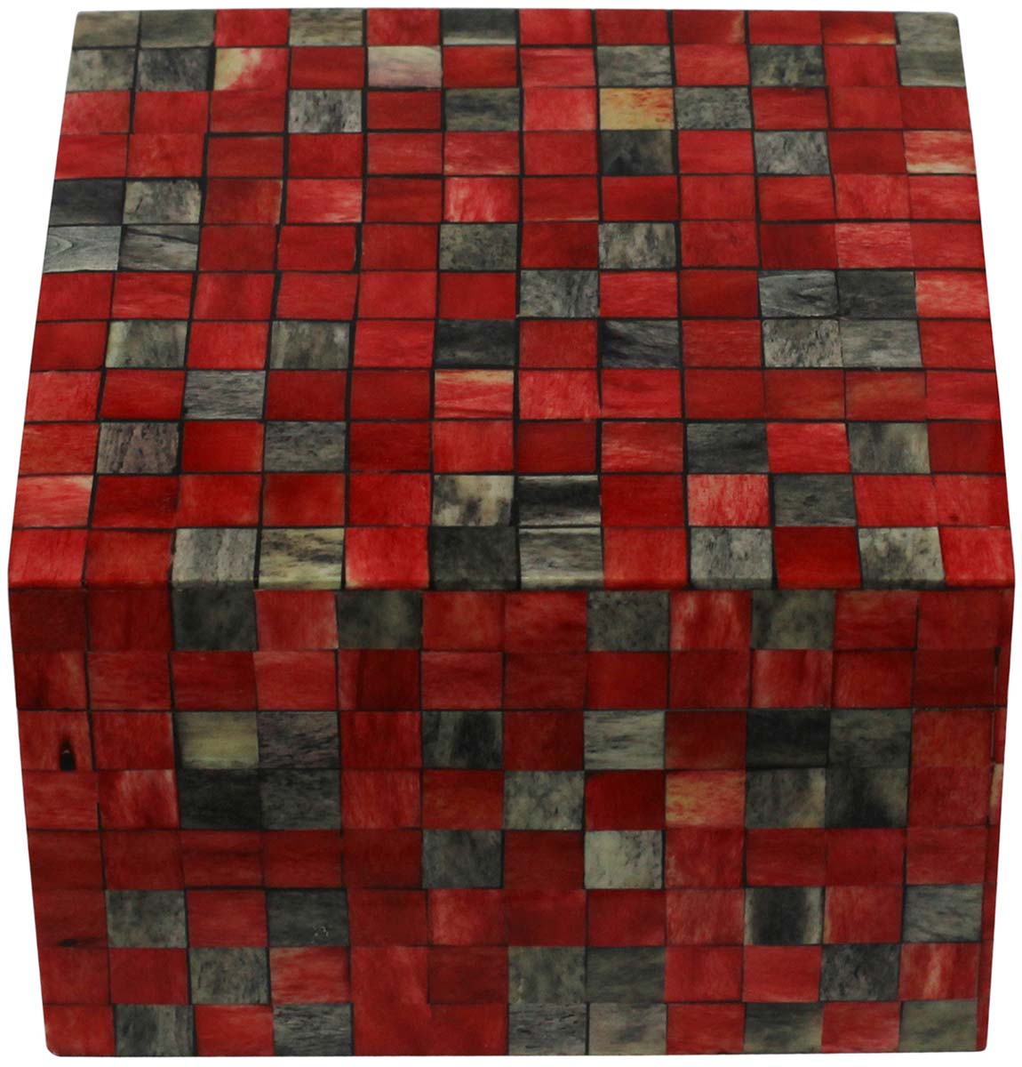 Square Shaped 6” MDF Jewelry Box in Bulk - Wholesale Red & Gray Check Pattern Jewelry Box/Trinket Box in MDF & Bone from India
