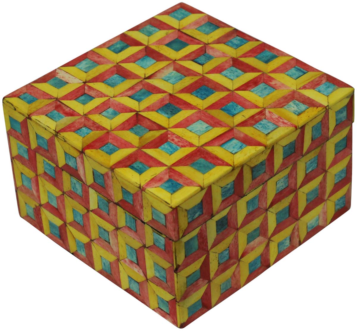Bulk Buy Multicolored6” Jewelry Box - Wholesale Square-in-a-Square Pattern Jewelry Box/Trinket Box in MDF & Bone from India