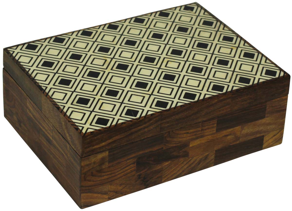 Source Dark Brown 8x6” Jewelry Box in Bulk - Wholesale Rectangular Handmade Symmetric Geometric Patterning Jewelry Box/Trinket Box in MDF & Bone from India