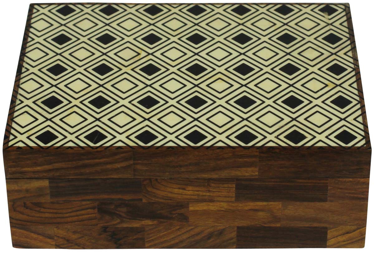 Source Dark Brown 8x6” Jewelry Box in Bulk - Wholesale Rectangular Handmade Symmetric Geometric Patterning Jewelry Box/Trinket Box in MDF & Bone from India