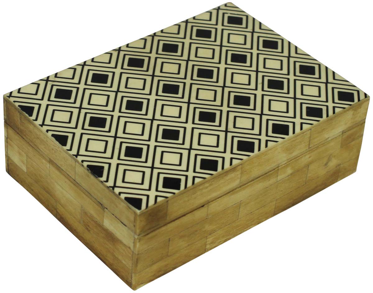 Wholesale Rectangular 7x5”Light Brown Jewelry Box in Bulk - Source Handmade Symmetric Geometric Patterning Jewelry Box/Trinket Box in MDF & Bone from India