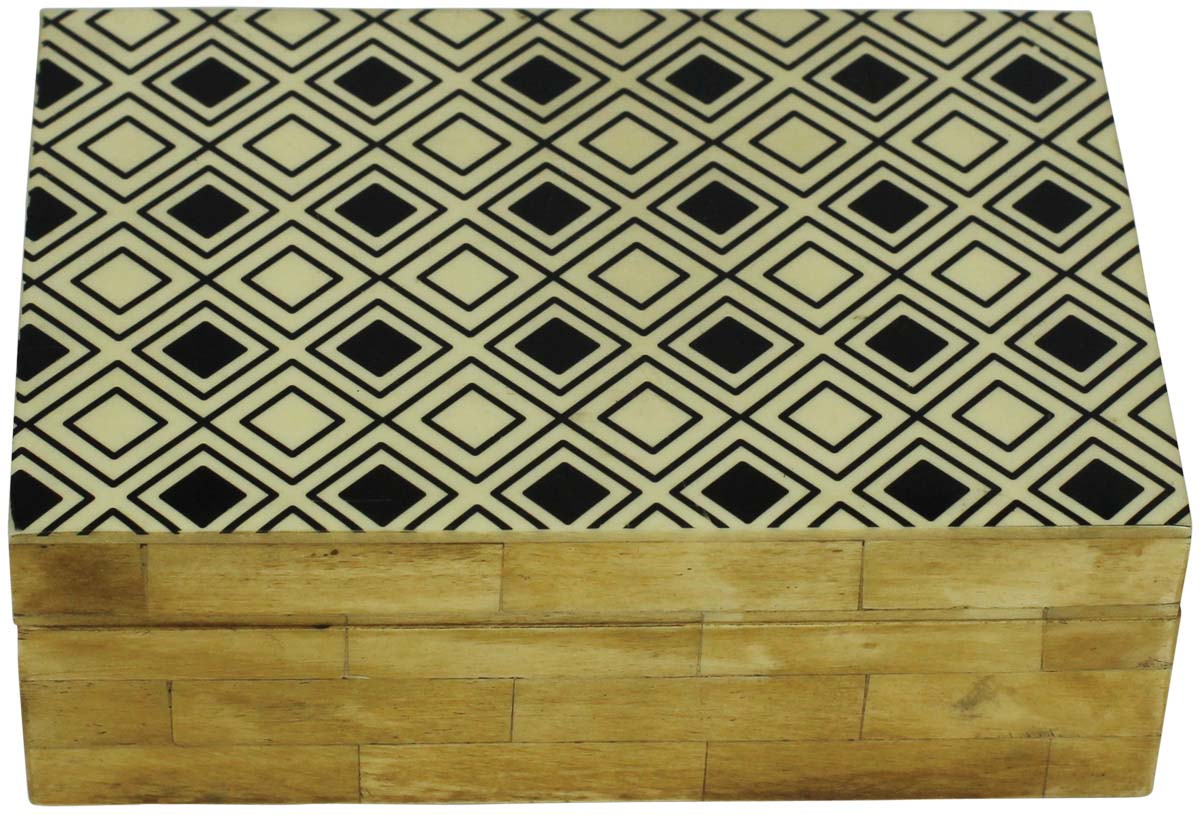Wholesale Rectangular 7x5”Light Brown Jewelry Box in Bulk - Source Handmade Symmetric Geometric Patterning Jewelry Box/Trinket Box in MDF & Bone from India