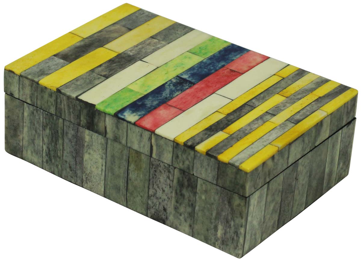 Wholesale 6x4” Rectangular Shaped Jewelry Box in Bulk - Source Handmade Multicolored Running Bond Brick Pattern Jewelry Box/Trinket Box in MDF & Bone from India